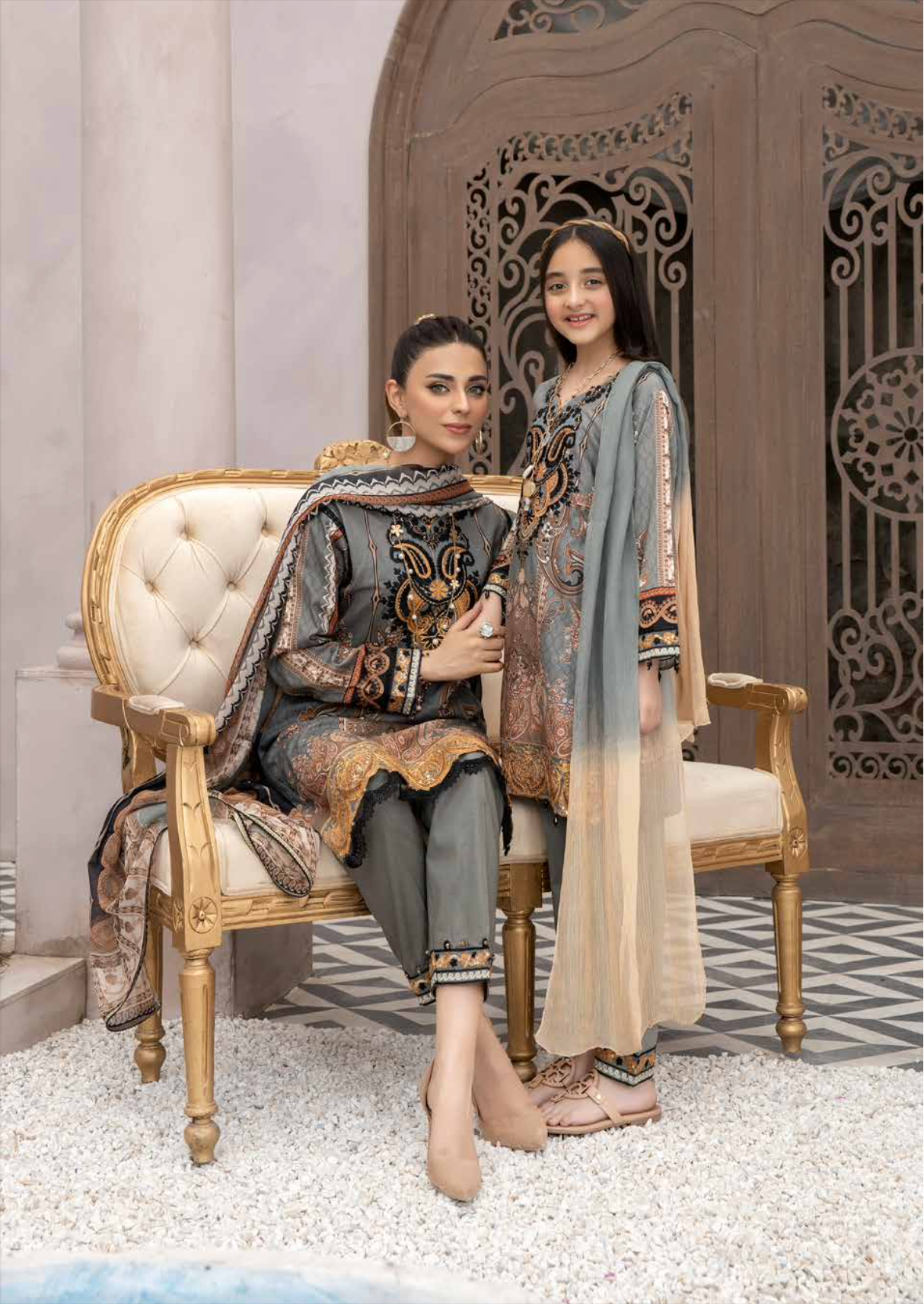 Grey Festive Lawn Girls Suit