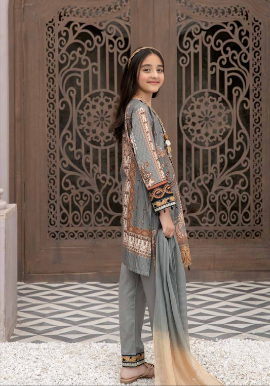 Grey Festive Lawn Girls Suit