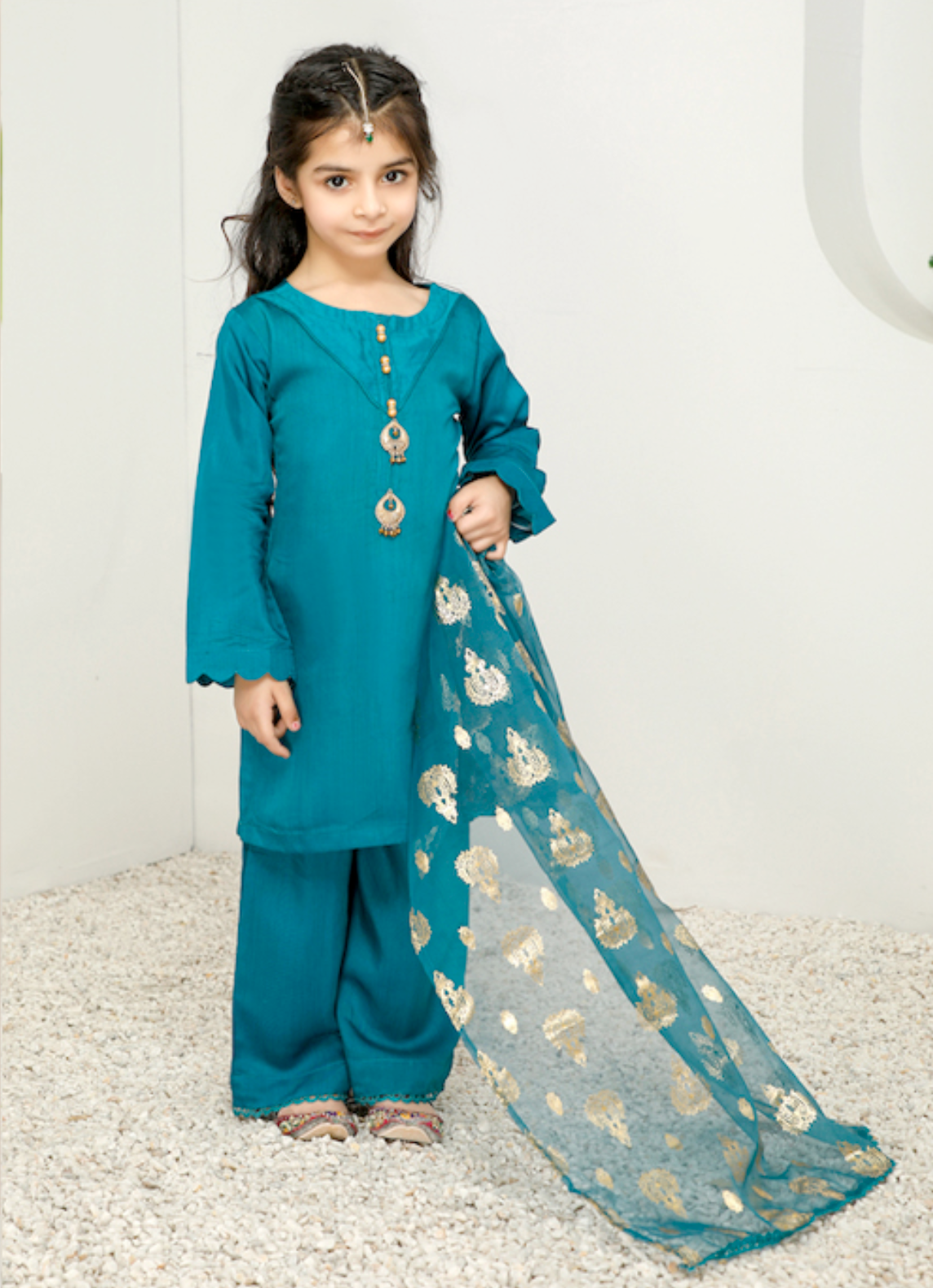 Teal Blue Rangoli Viscose Girls Suit