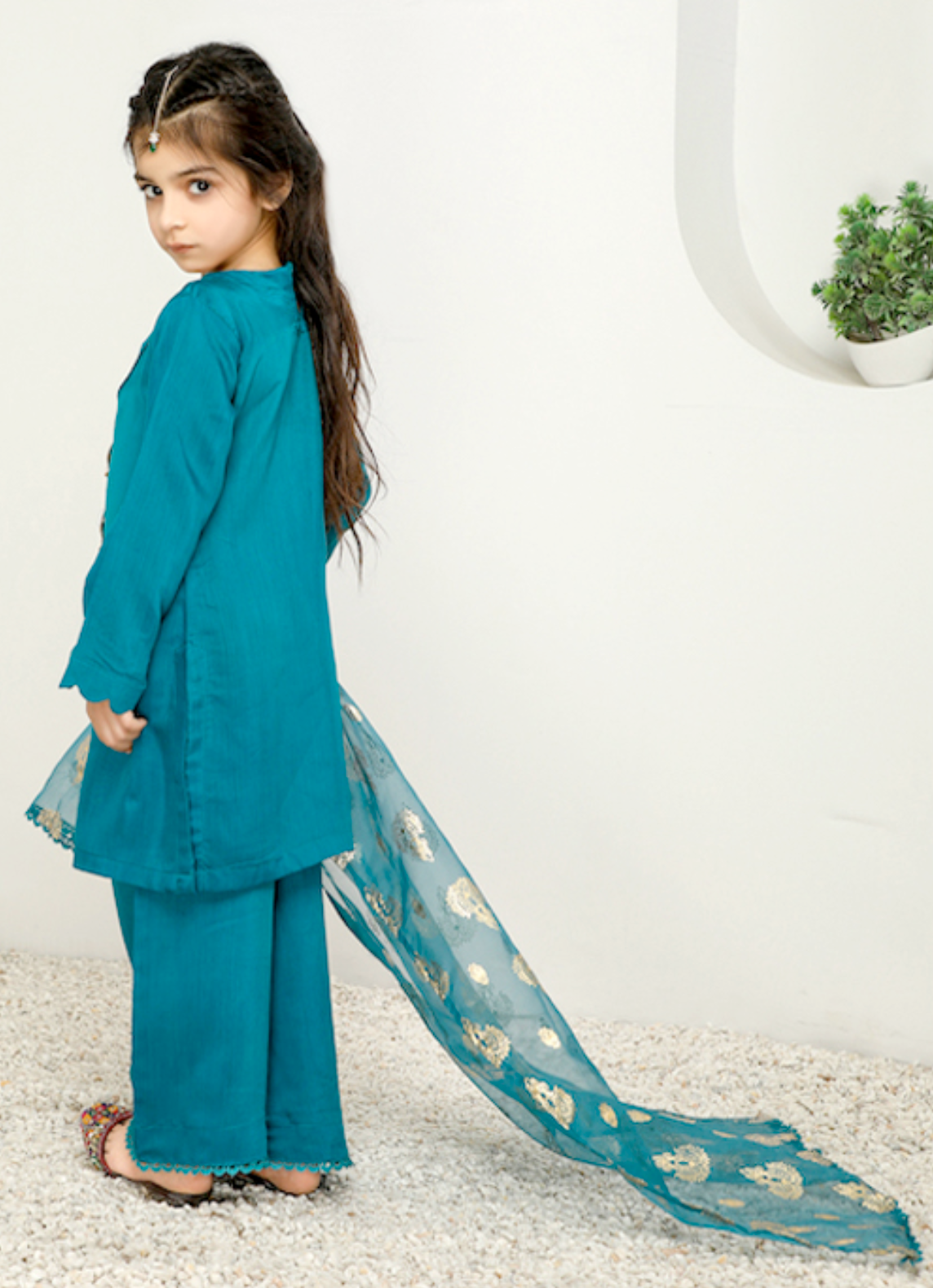 Teal Blue Rangoli Viscose Girls Suit