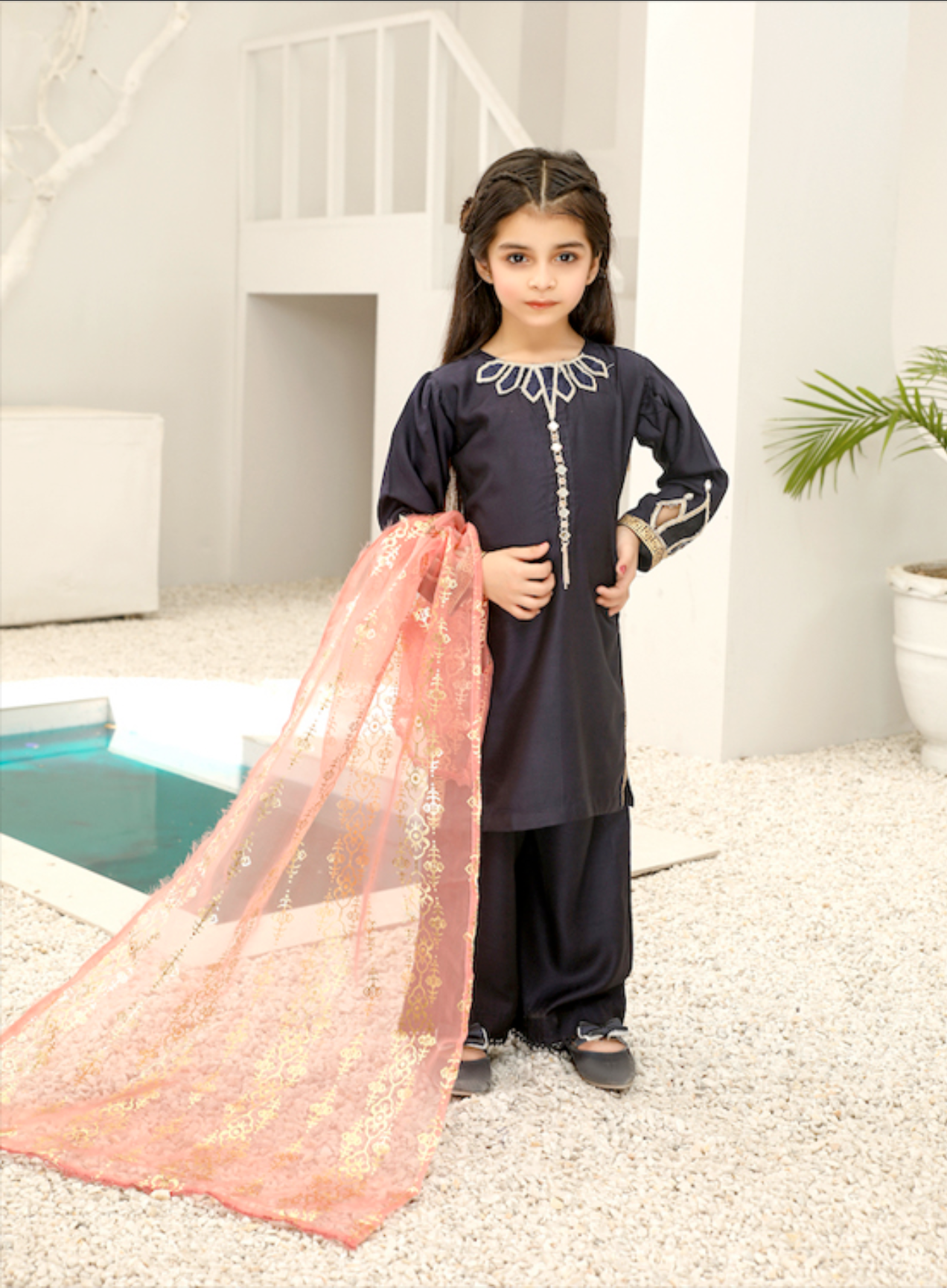 Navy Blue Rangoli Viscose Girls Suit