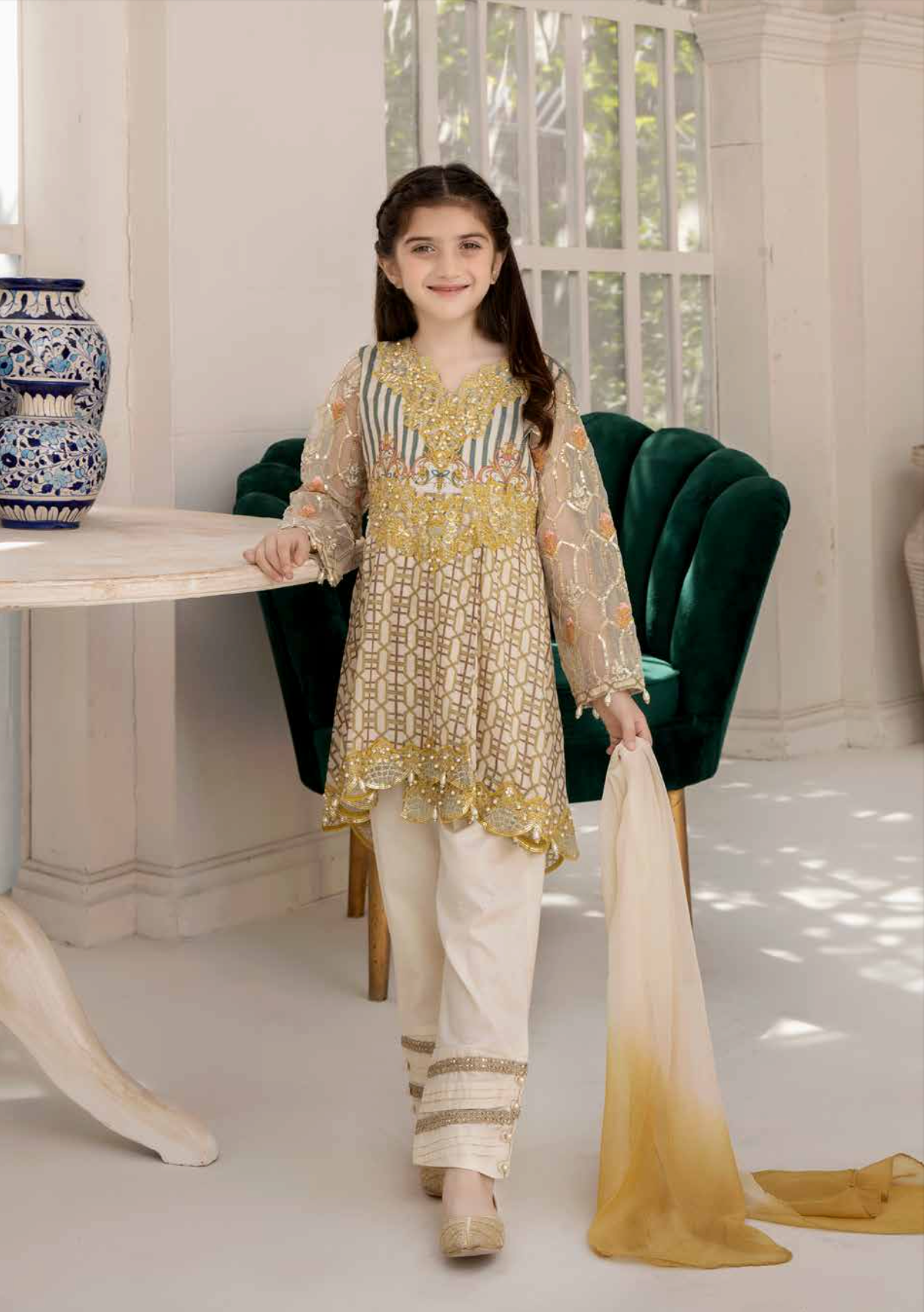 Beige and Gold Ally's Festive Lawn Girls Suit