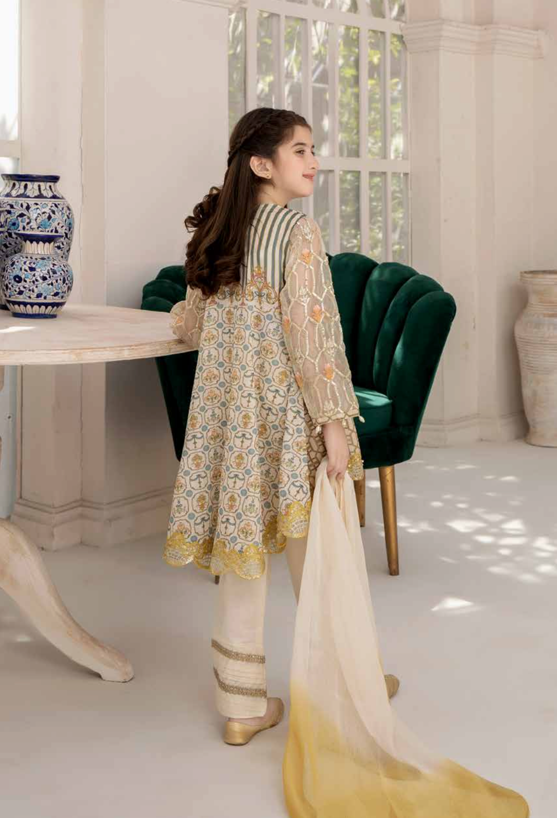 Beige and Gold Ally's Festive Lawn Girls Suit