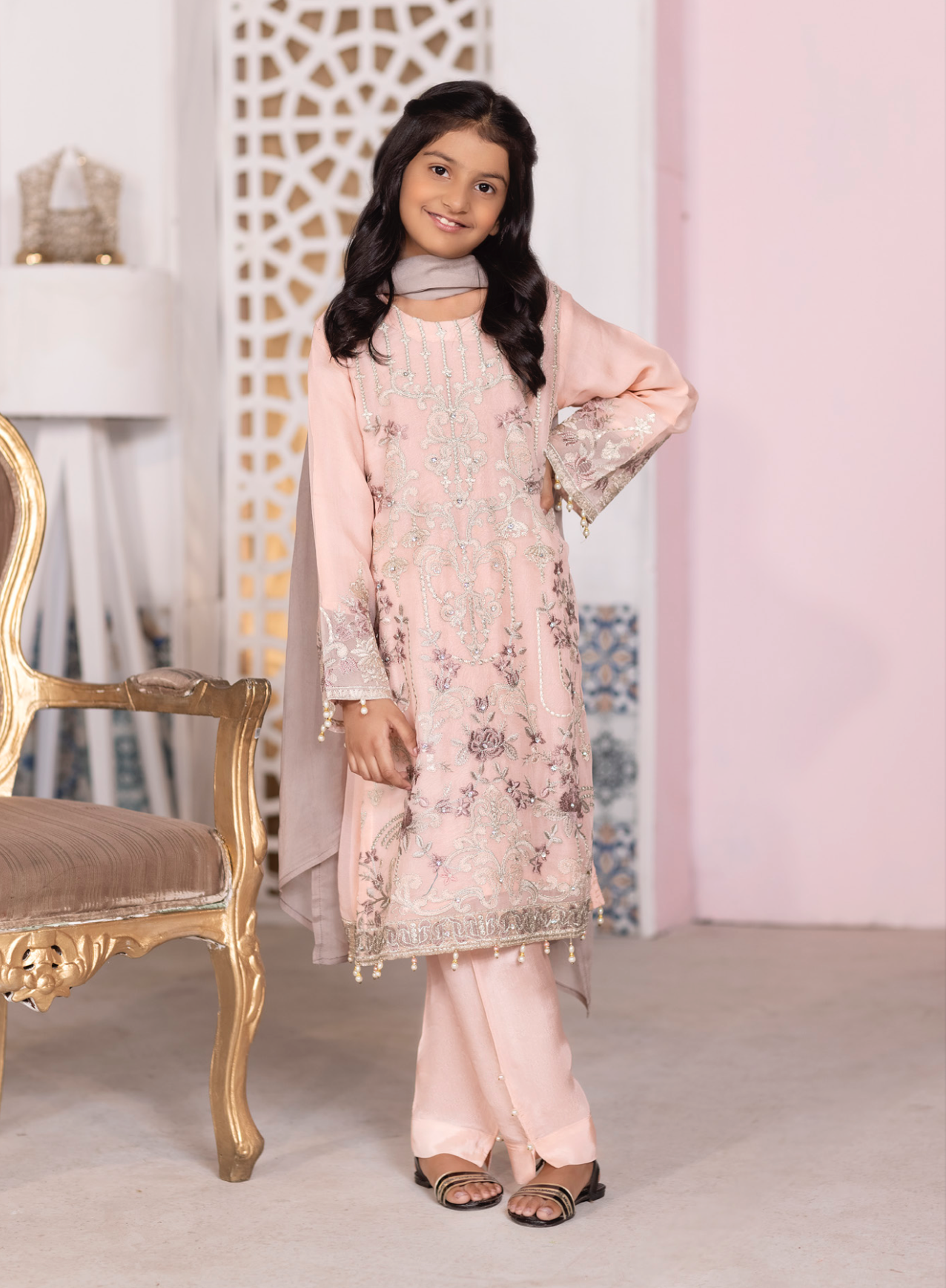 Pink 'Pale Blush' Chiffon Girls Suit