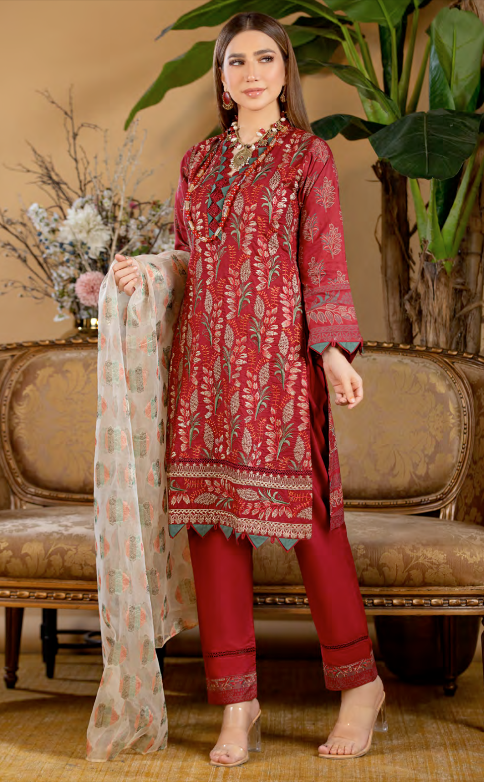 Red Munira Designer Linen Ladies Suit