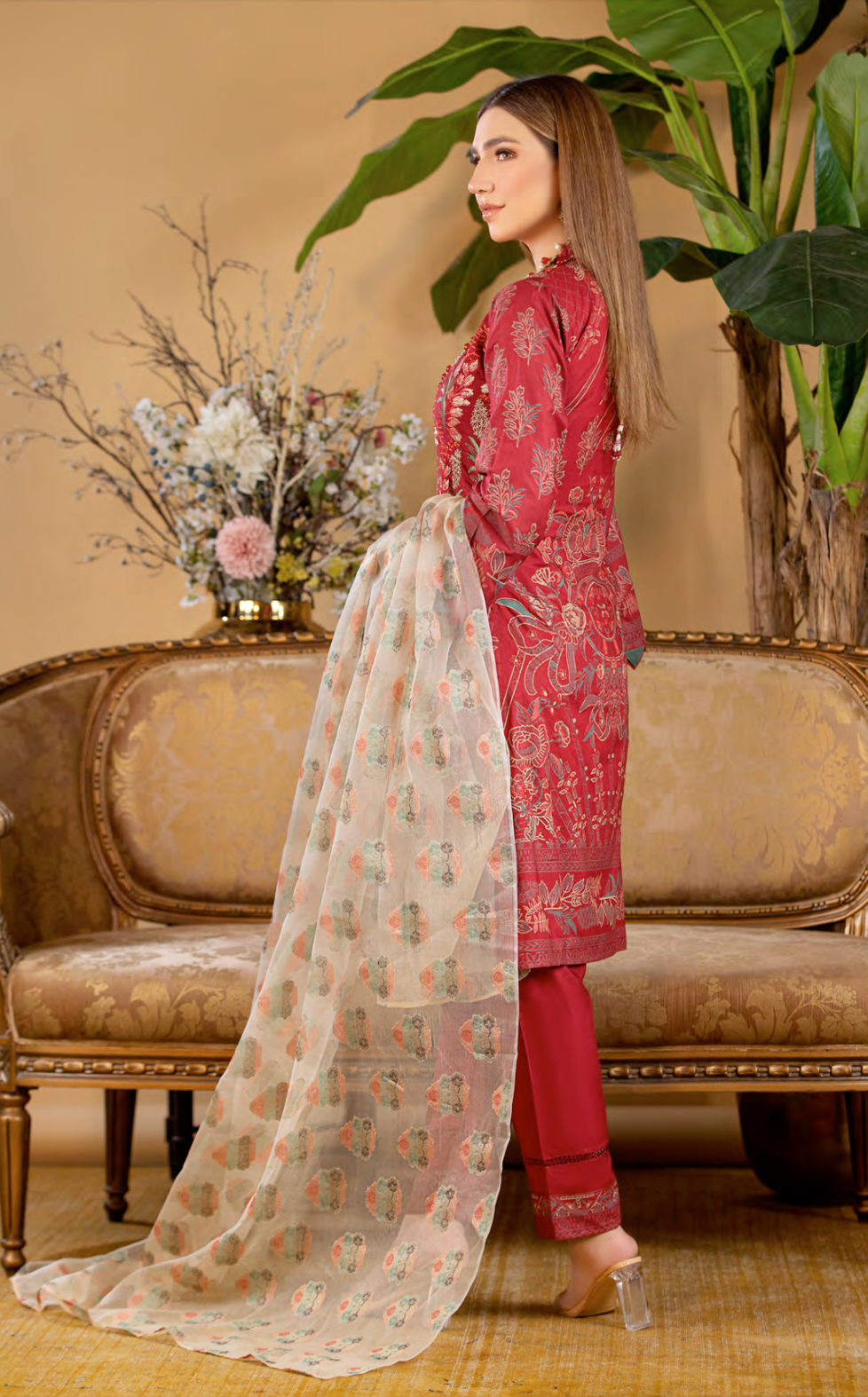 Red Munira Designer Linen Ladies Suit