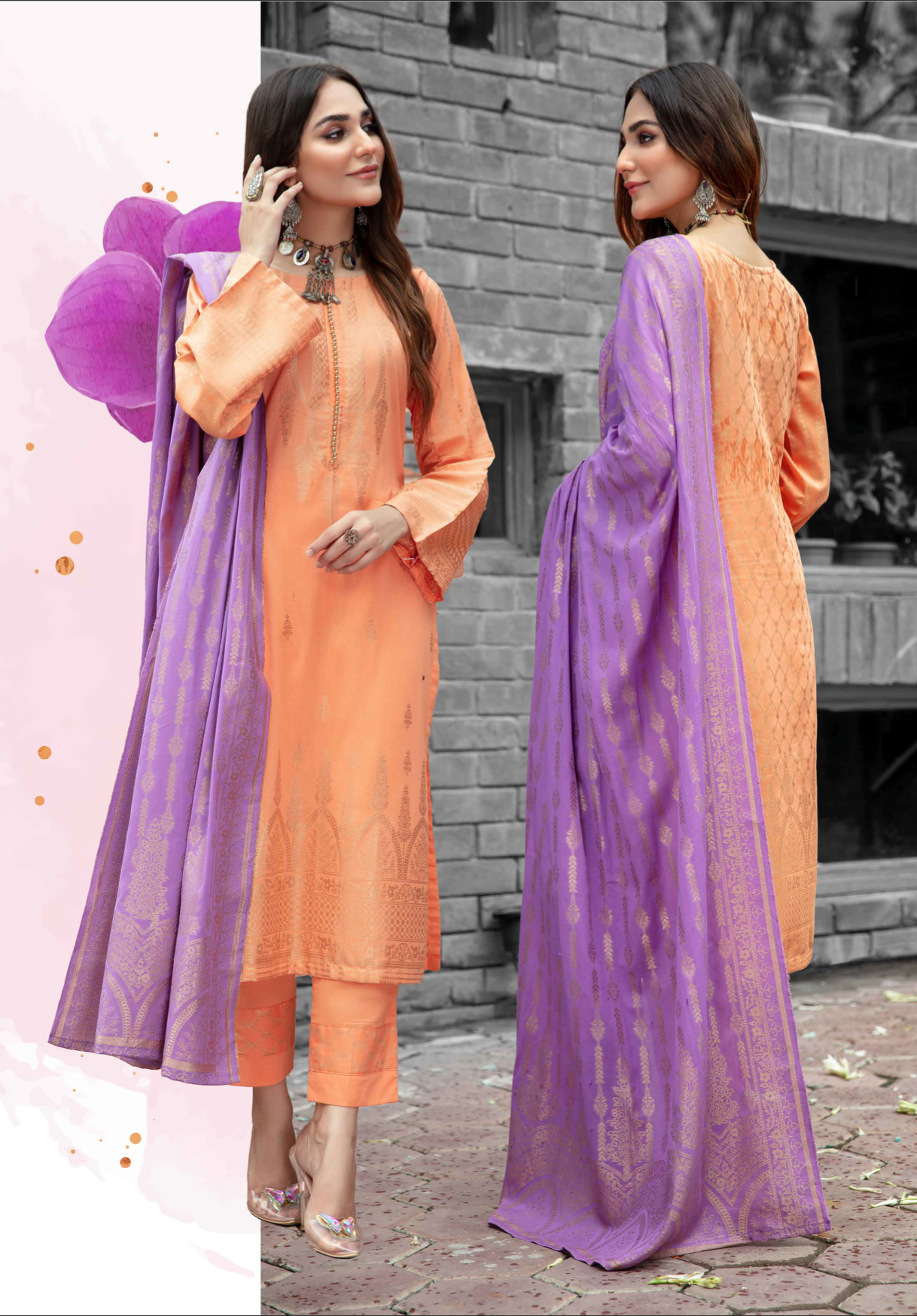 Orange Elegance Jacquard Ladies Suit