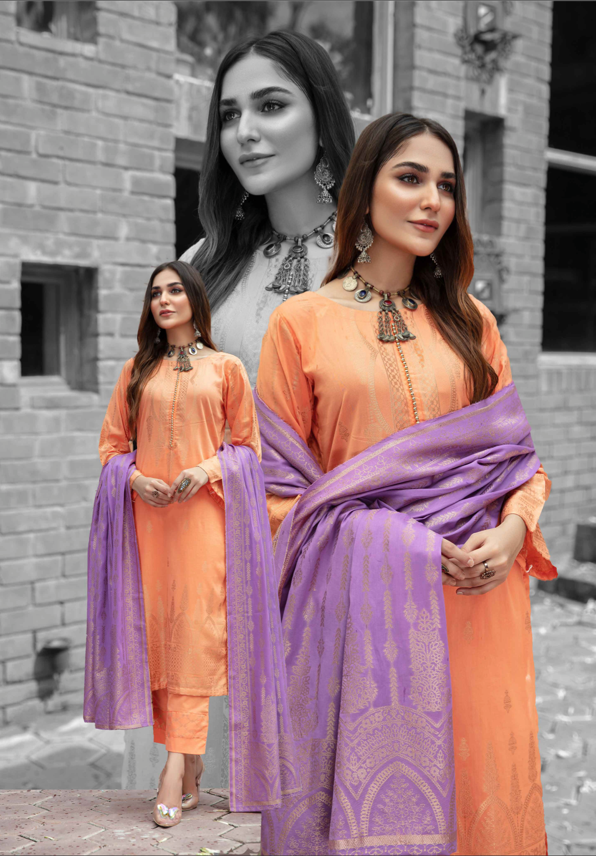 Orange Elegance Jacquard Ladies Suit