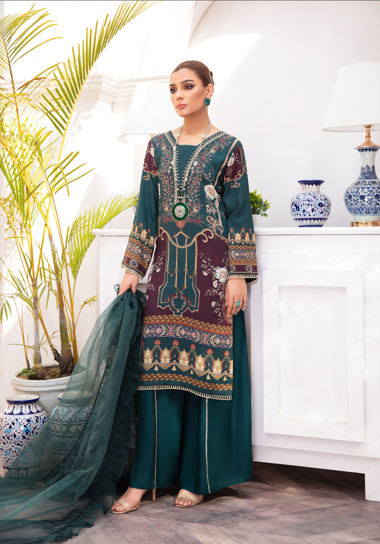 Dark Teal Green Garnet Linen Ladies Suit