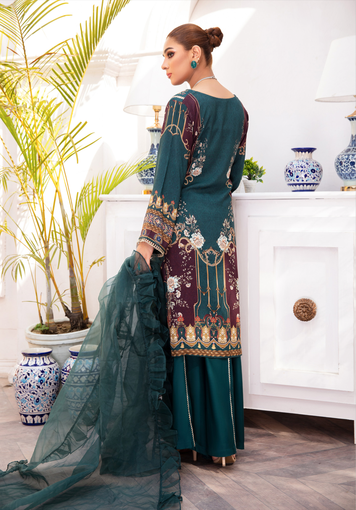 Dark Teal Green Garnet Linen Ladies Suit
