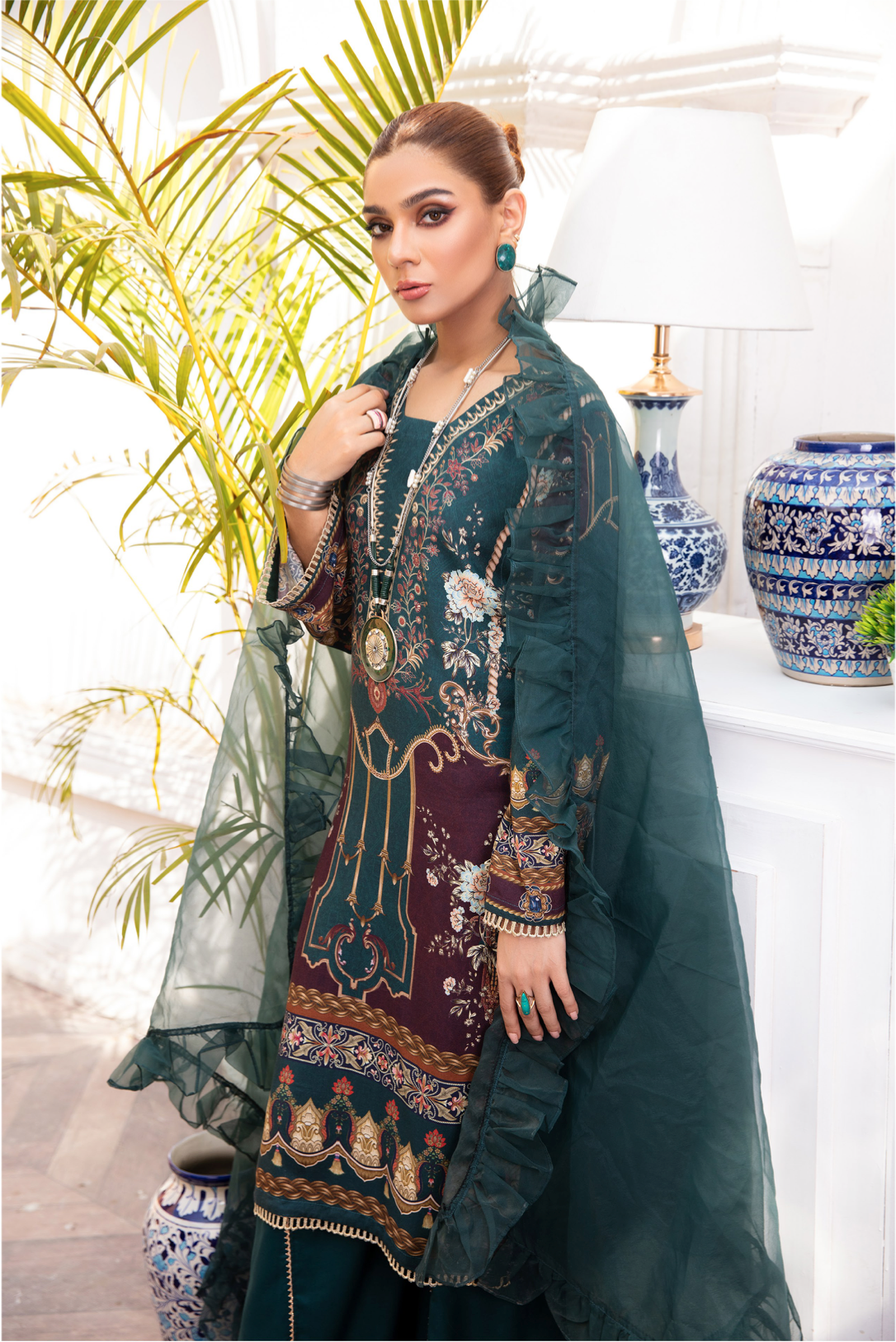 Dark Teal Green Garnet Linen Ladies Suit