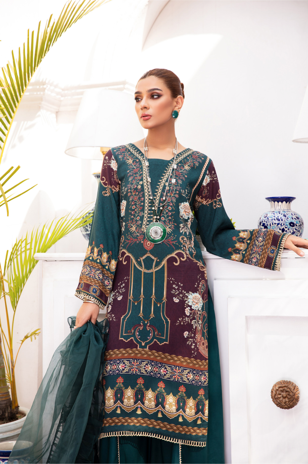 Dark Teal Green Garnet Linen Ladies Suit