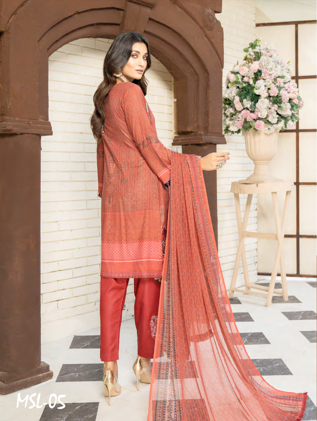 Burnt Red Munira Designer Linen Ladies Suit