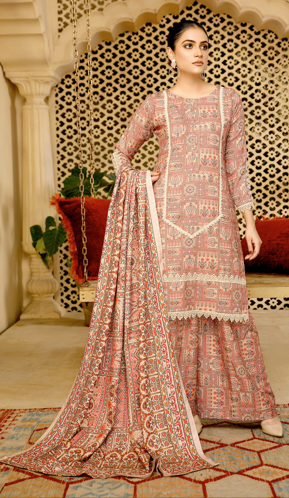 Pink and Beige Mahru Dhanak Ladies Suit