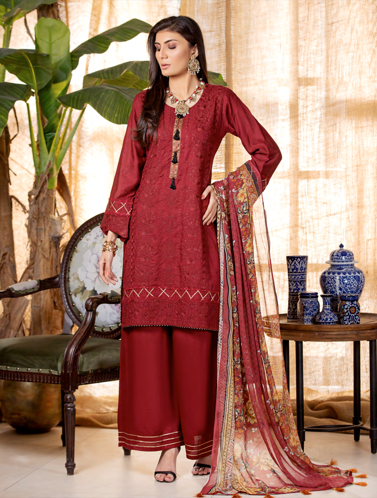 Maroon Munira Designer Linen Ladies Suit