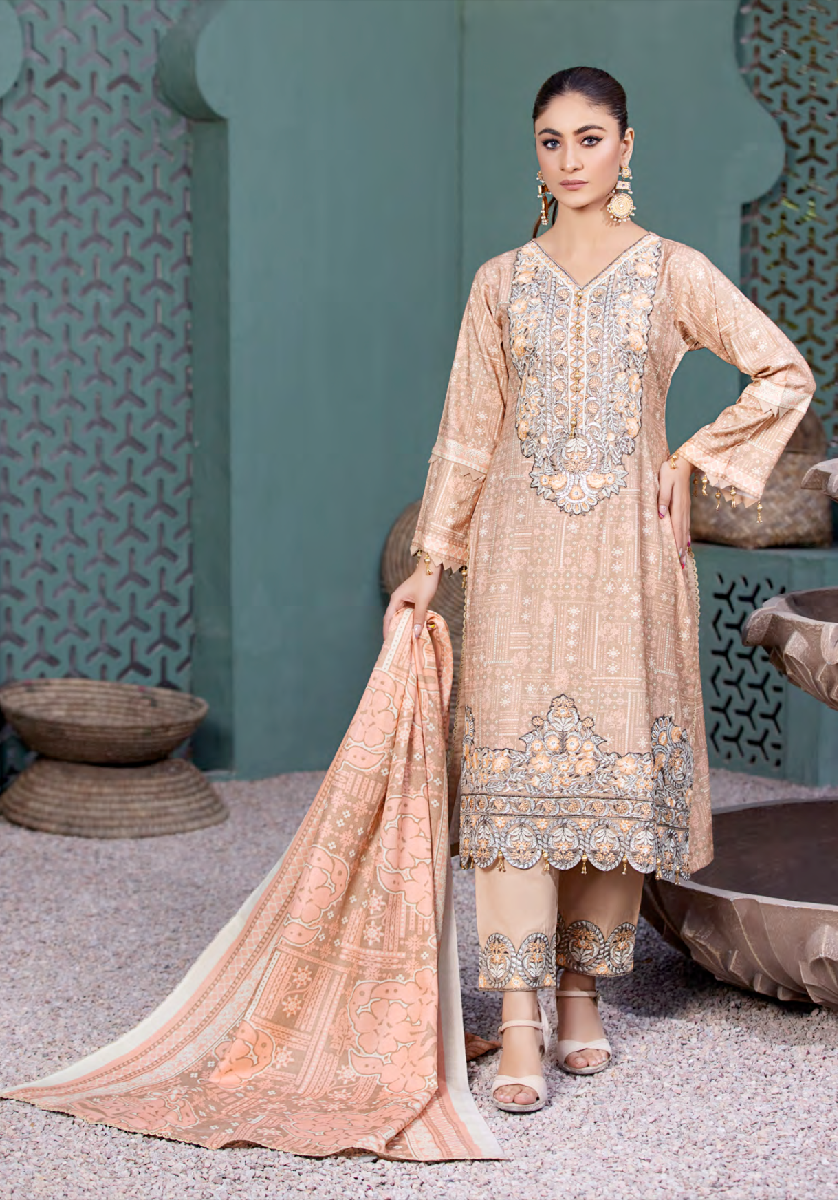 Light Brown and Peach Munira Designer Dhanak Ladies Suit