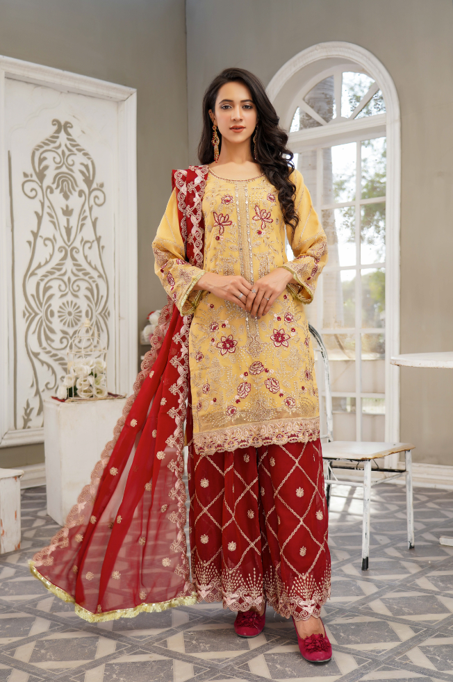 Cream Gold and Maroon Chiffon Sharara Ladies Suit