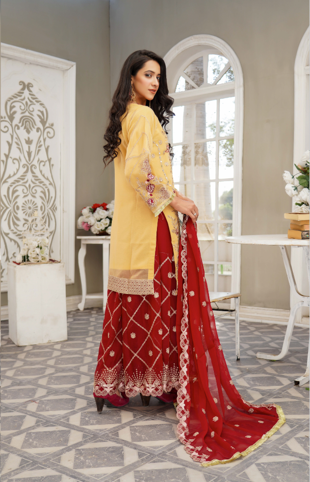 Cream Gold and Maroon Chiffon Sharara Ladies Suit