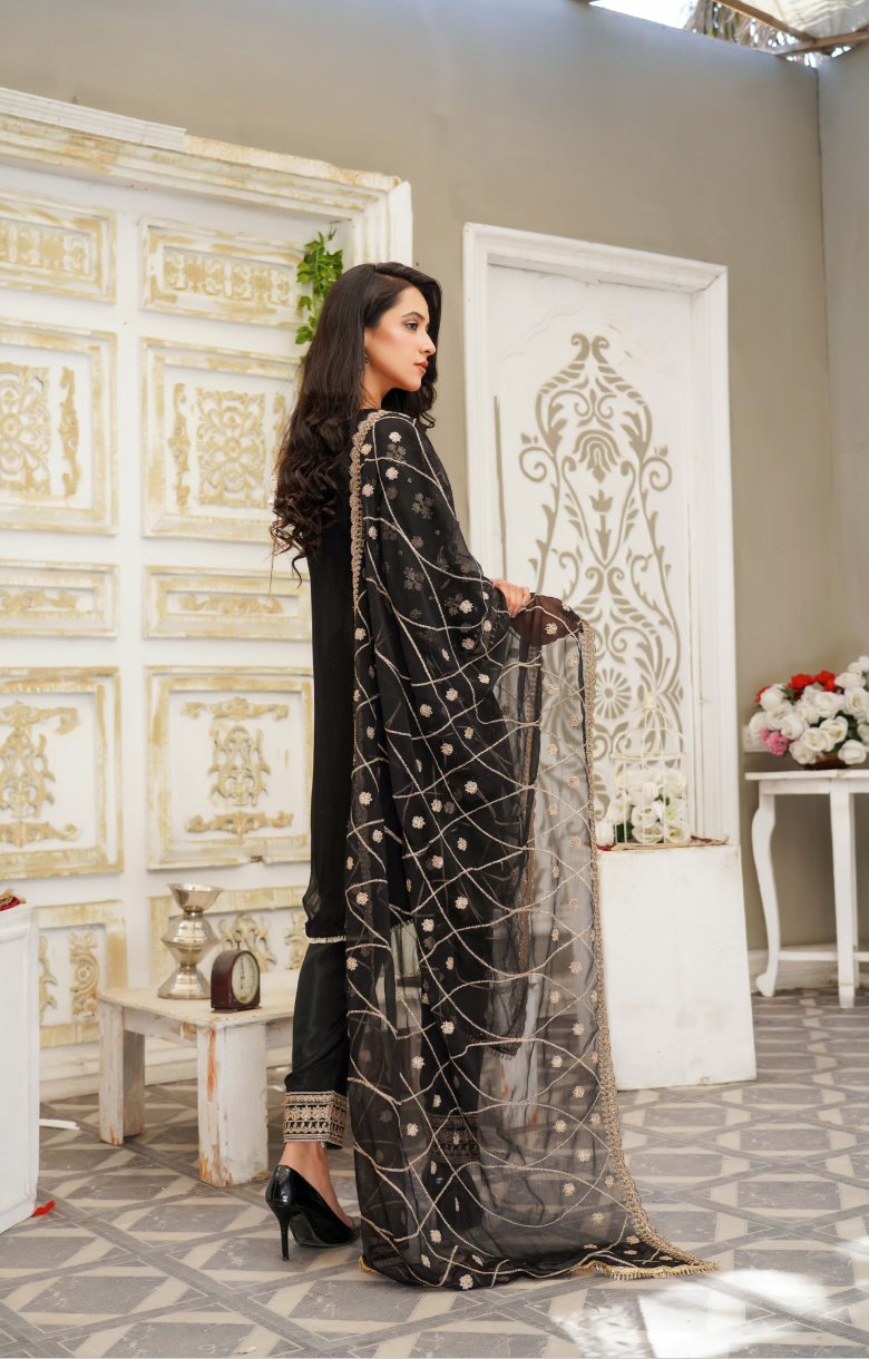 Black and Gold Chiffon Ladies Suit