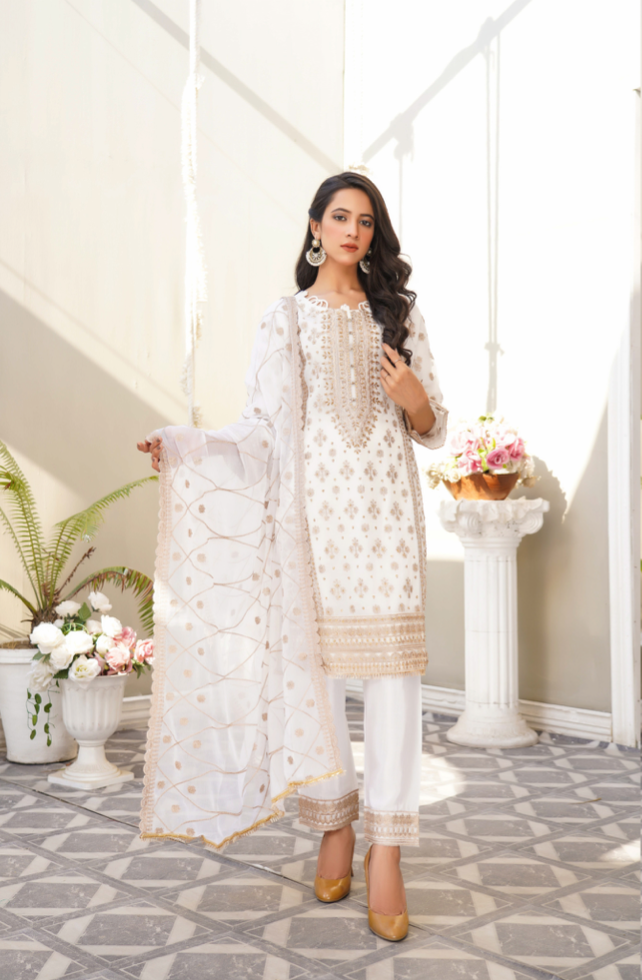 White and Gold Chiffon Ladies Suit