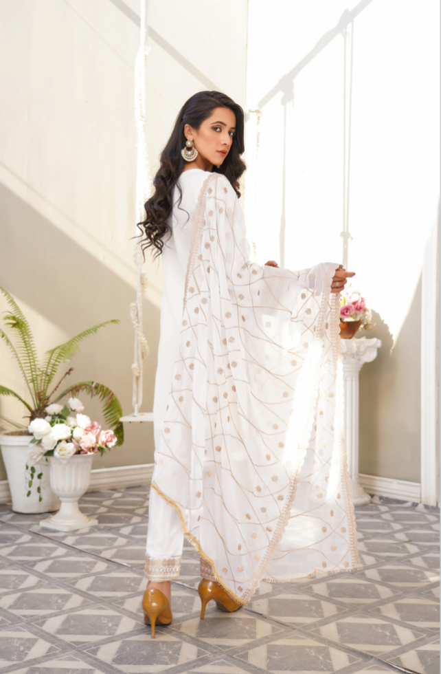 White and Gold Chiffon Ladies Suit