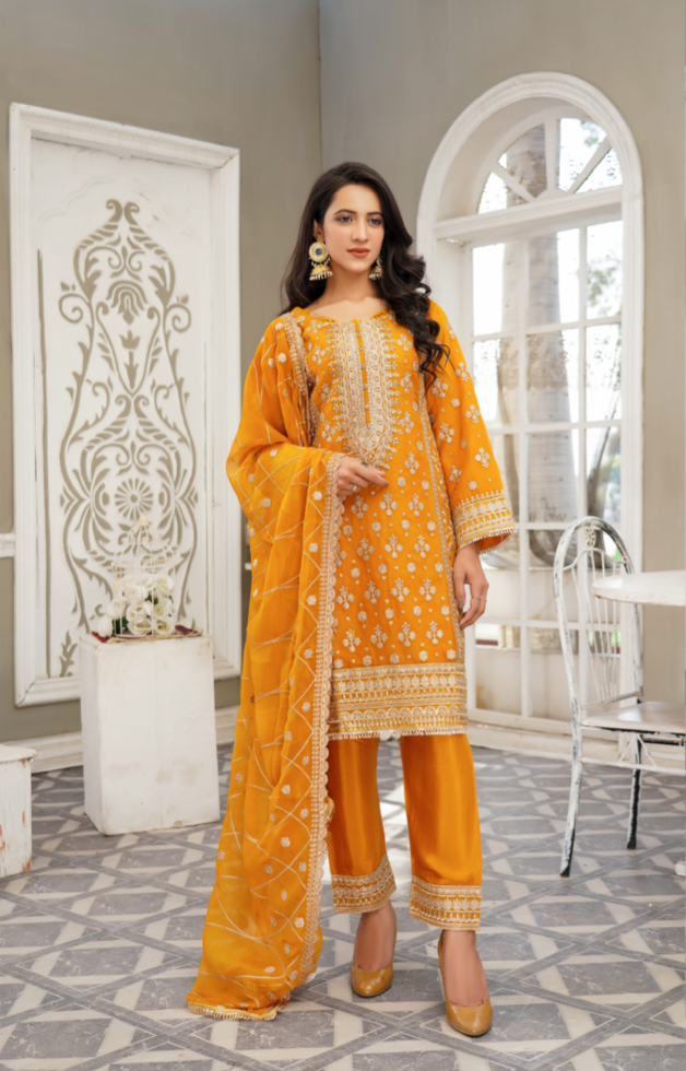 Mustard Yellow and Gold Chiffon Ladies Suit