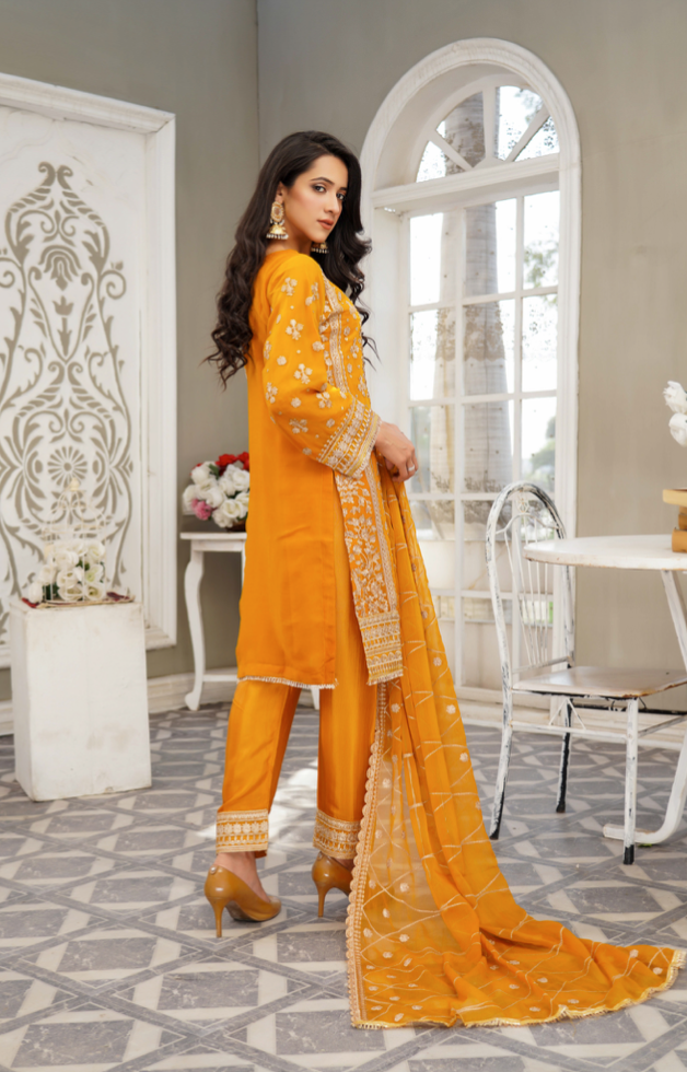 Mustard Yellow and Gold Chiffon Ladies Suit