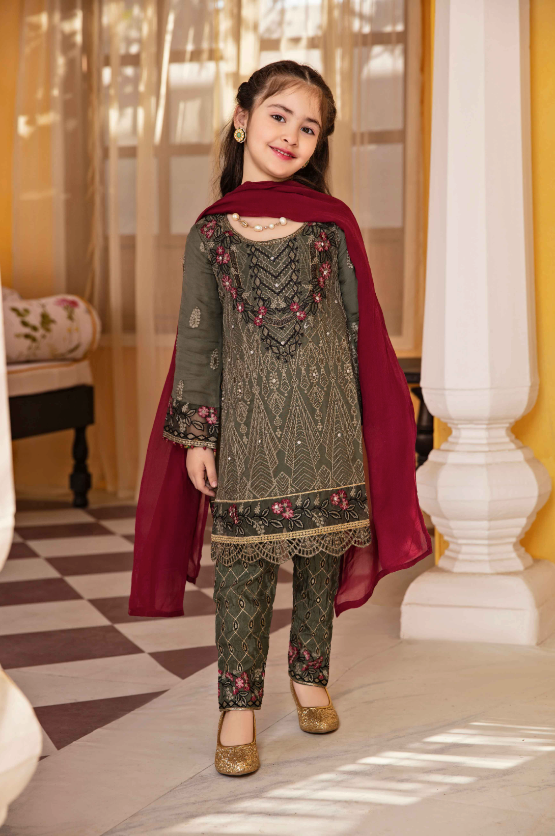 Green 'Juniper' Fareen Chiffon Girls Suit