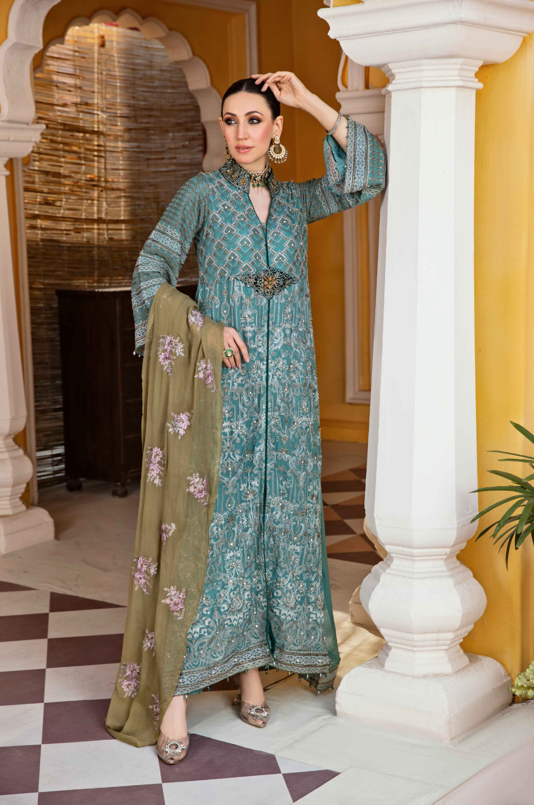 Teal Blue 'Cockatoo' Fareen Chiffon Ladies Suit