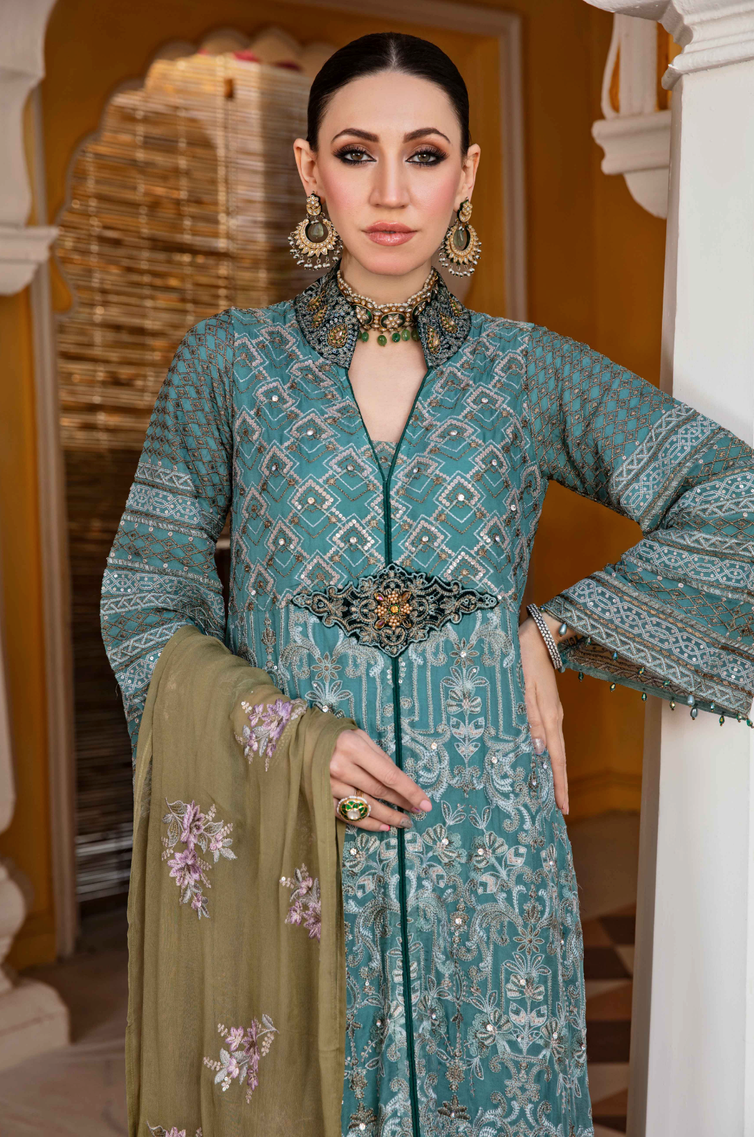 Teal Blue 'Cockatoo' Fareen Chiffon Ladies Suit