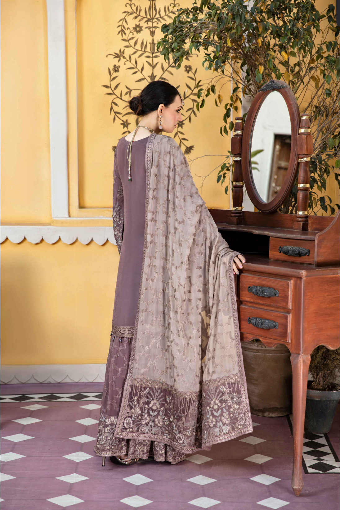 Purple Taupe 'Sphinx' Fareen Chiffon Sharara Ladies Suit