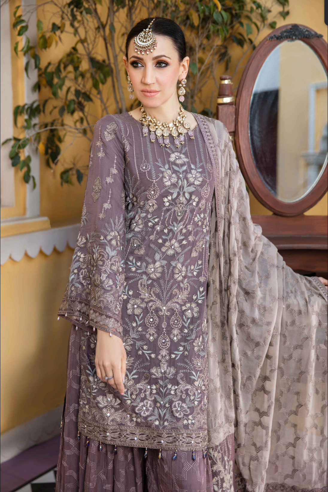 Purple Taupe 'Sphinx' Fareen Chiffon Sharara Ladies Suit