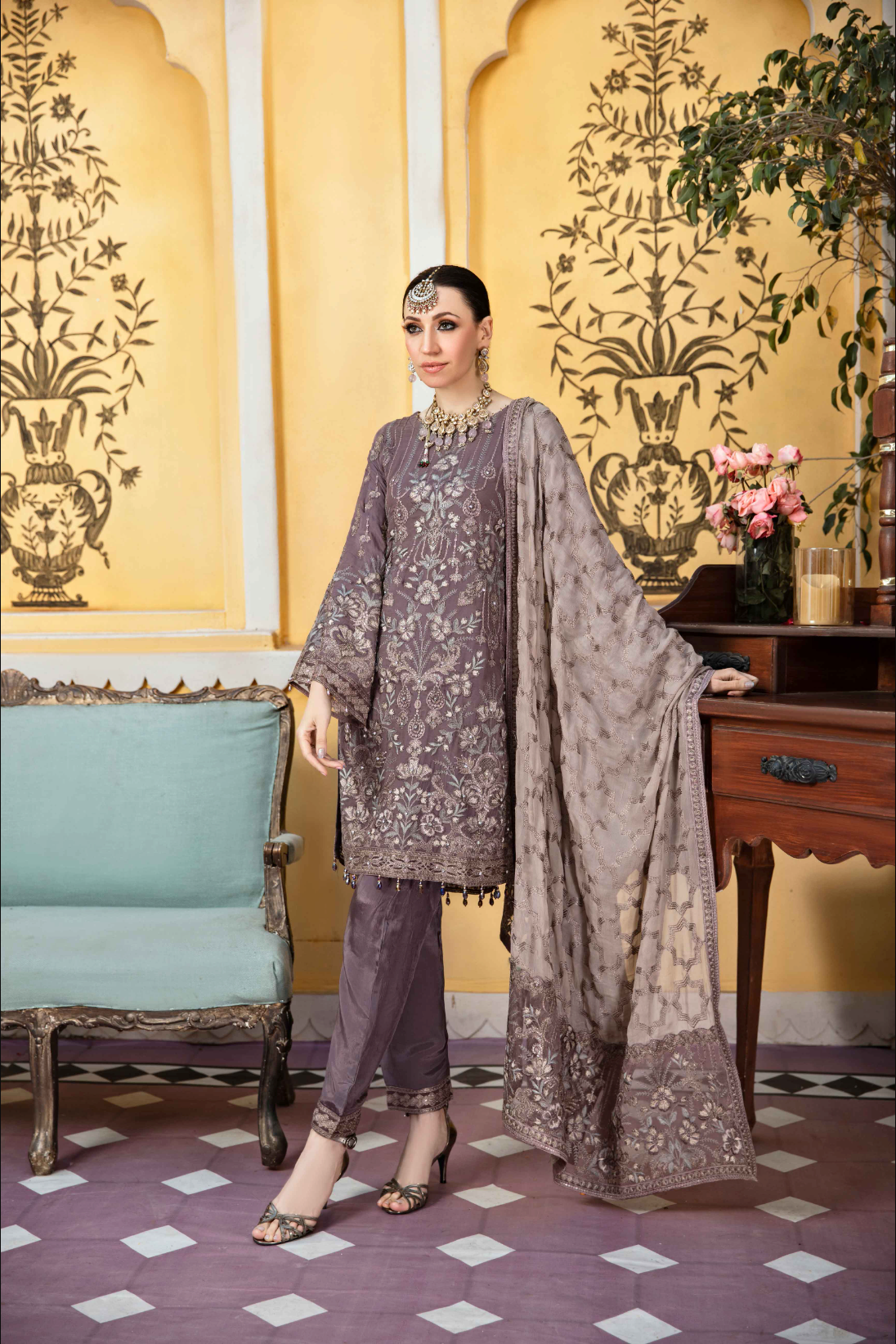 Purple Taupe 'Sphinx' Fareen Chiffon Sharara Ladies Suit