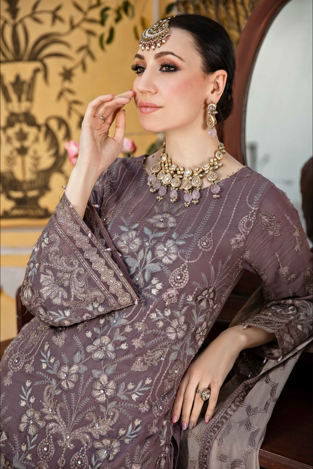 Purple Taupe 'Sphinx' Fareen Chiffon Sharara Ladies Suit