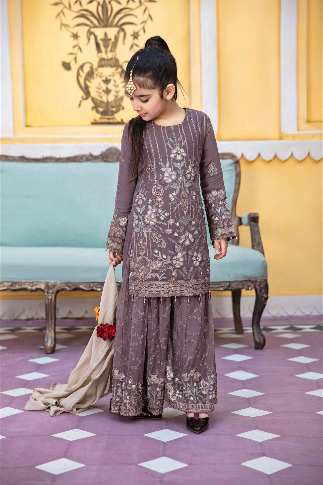 Purple Taupe 'Sphinx' Fareen Chiffon Sharara Girls Suit