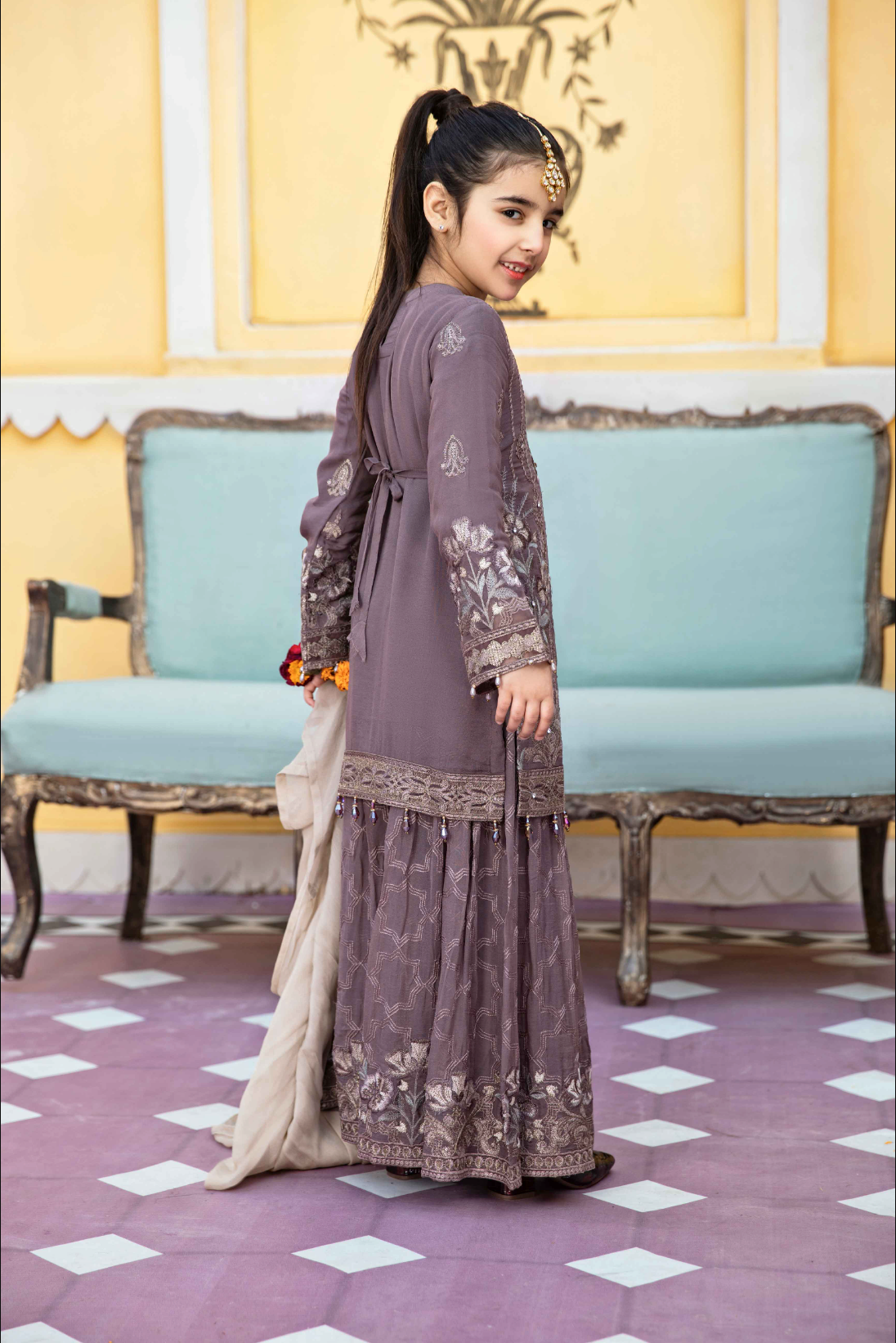 Purple Taupe 'Sphinx' Fareen Chiffon Sharara Girls Suit