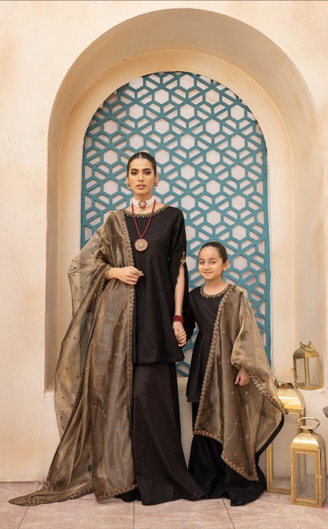 Black Mummy & Me Jacquard Sharara Ladies Suit