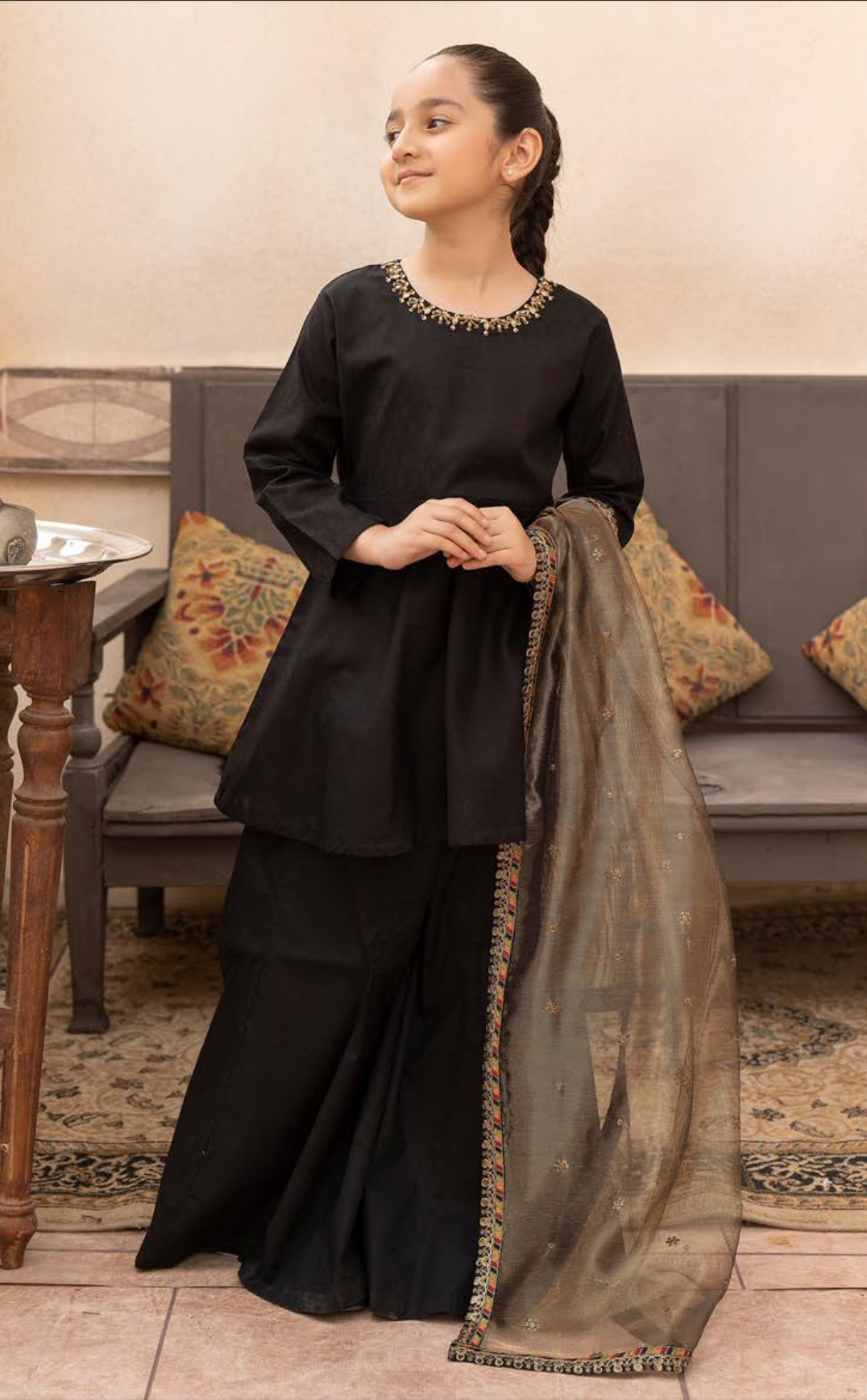 Black Mummy & Me Jacquard Sharara Girls Suit