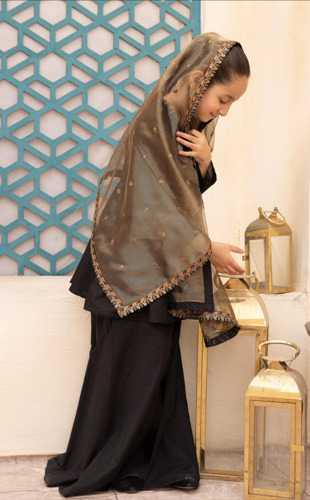 Black Mummy & Me Jacquard Sharara Girls Suit