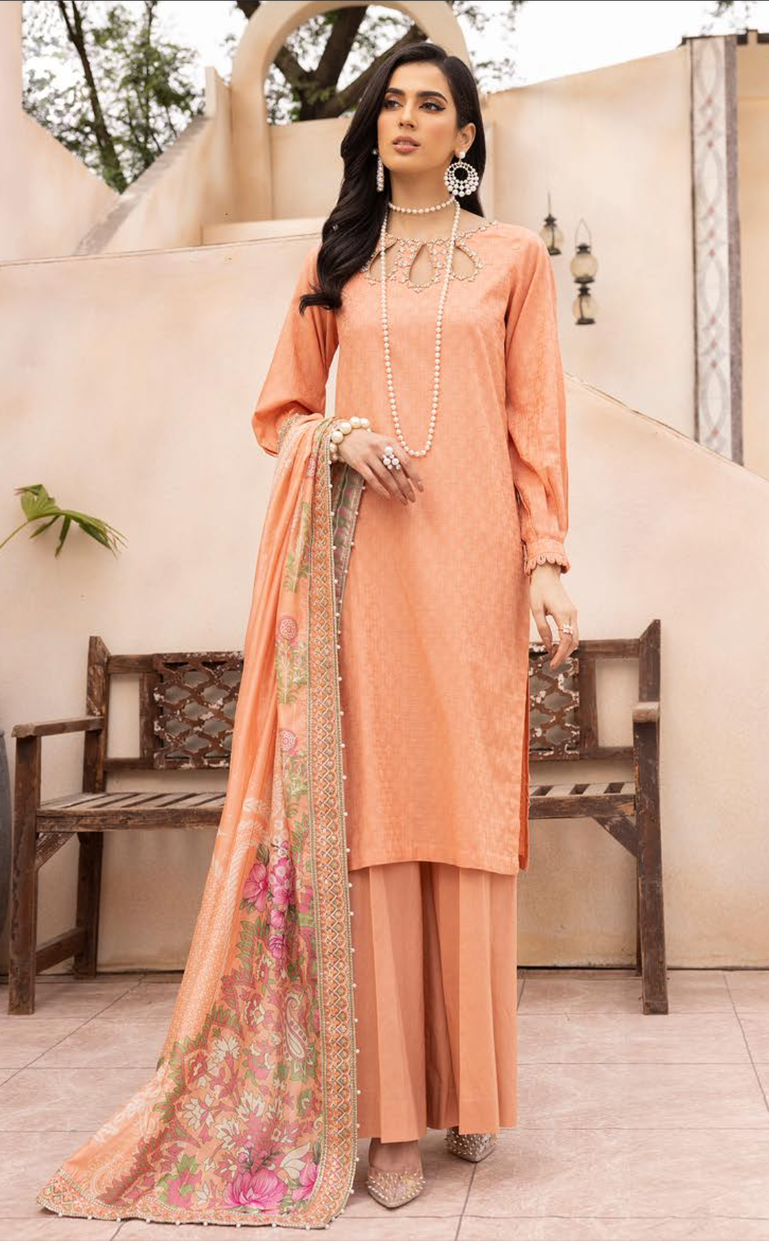 Peach Orange Mummy & Me Jacquard Ladies Suit
