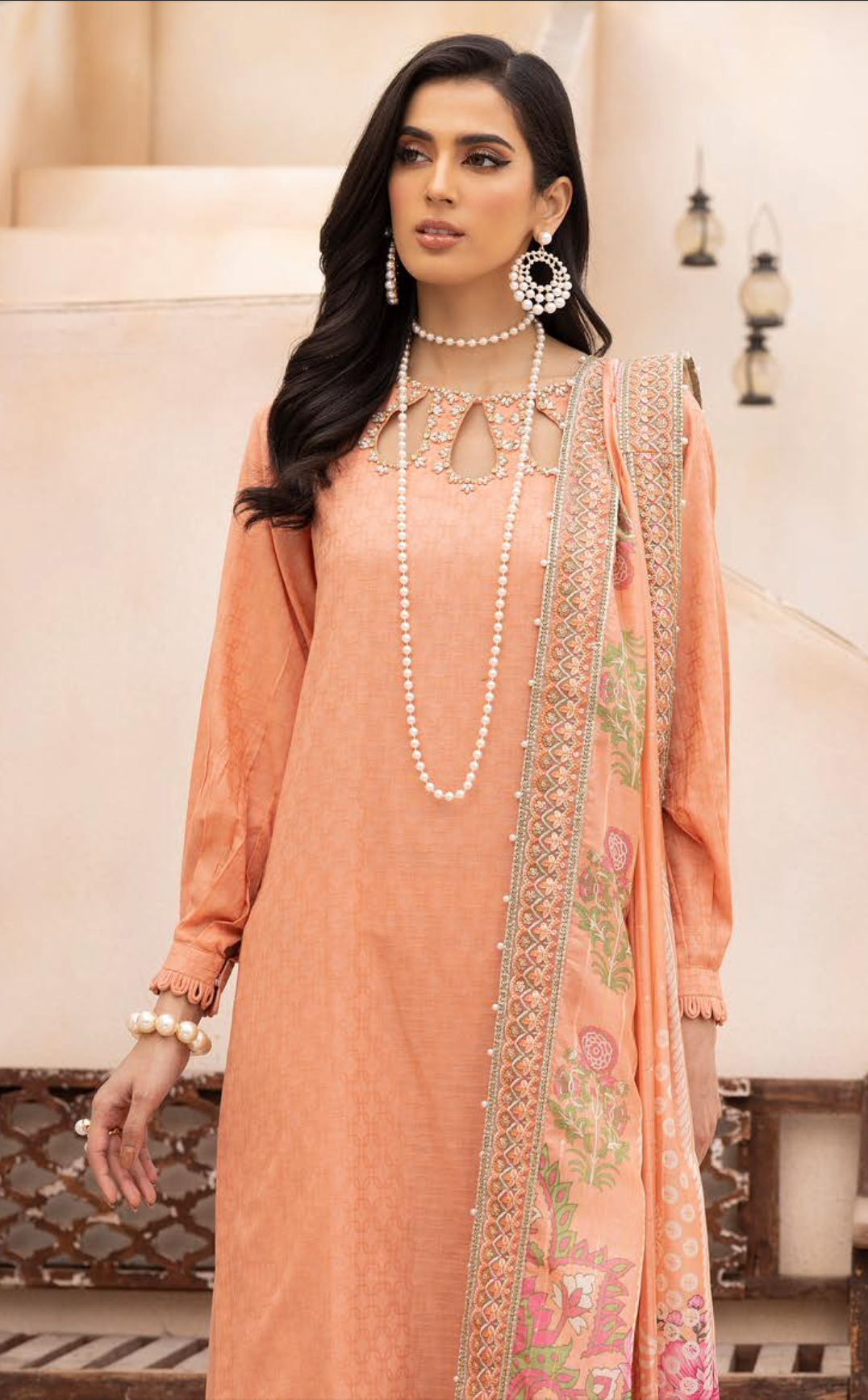 Peach Orange Mummy & Me Jacquard Ladies Suit