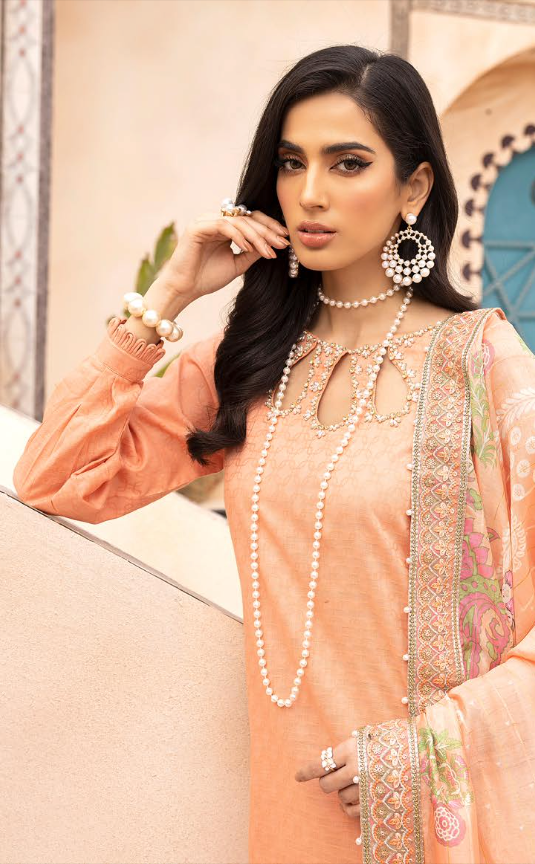 Peach Orange Mummy & Me Jacquard Ladies Suit