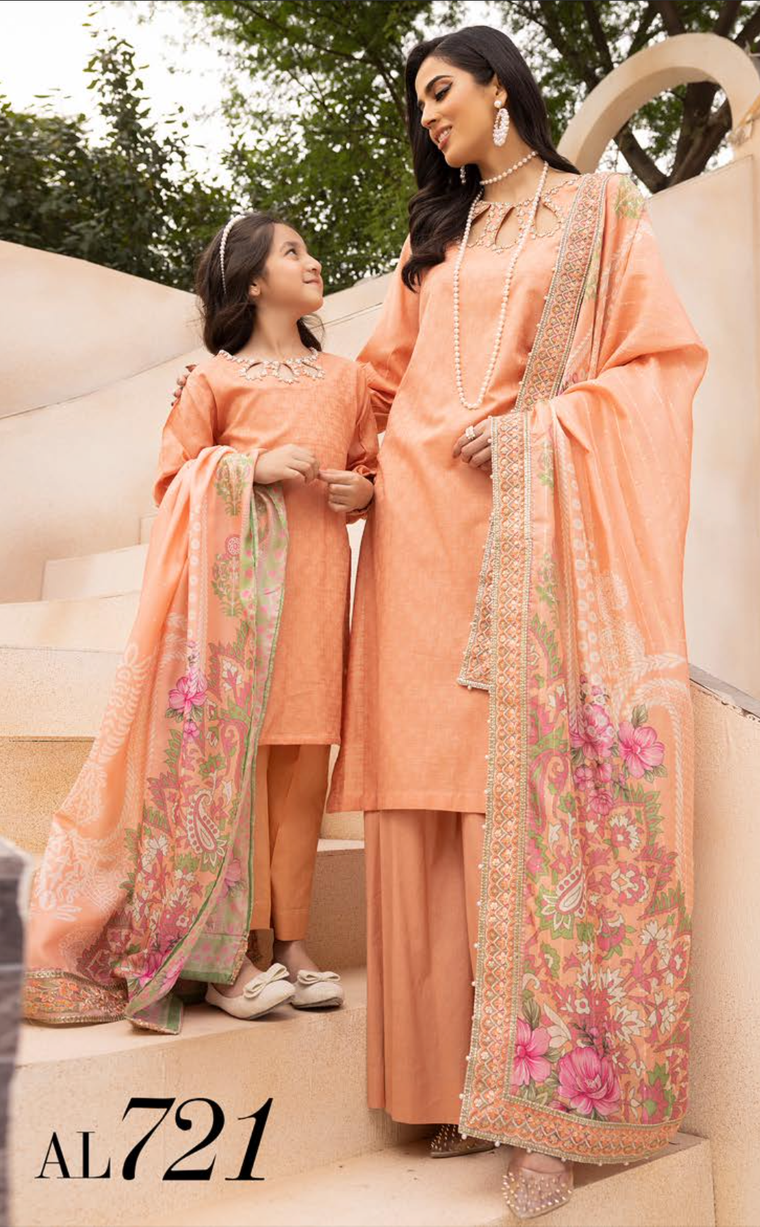 Peach Orange Mummy & Me Jacquard Ladies Suit