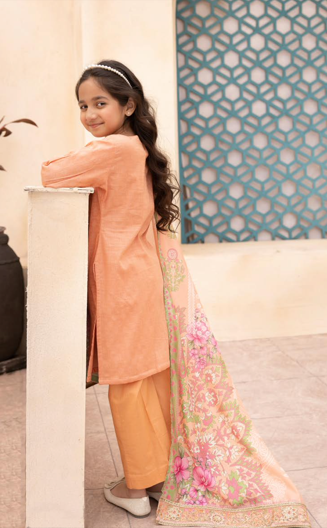 Peach Orange Mummy & Me Jacquard Girls Suit