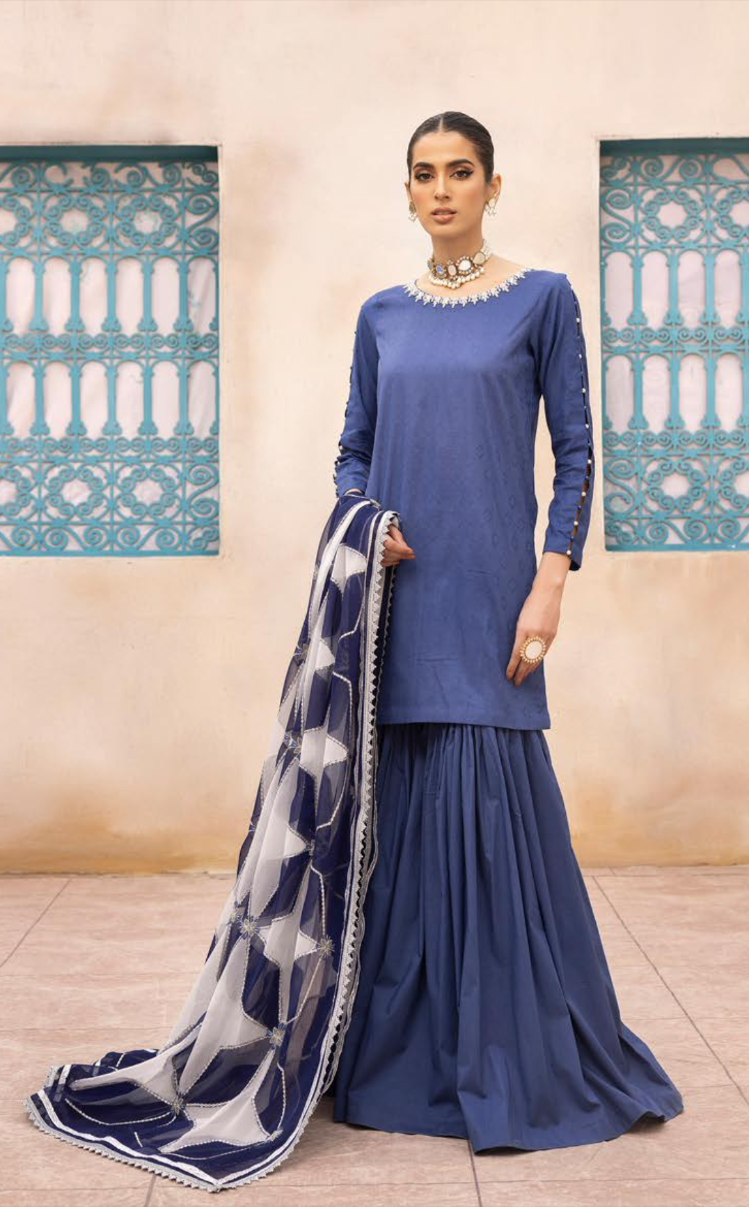 Blue Mummy & Me Jacquard Gharara Ladies Suit
