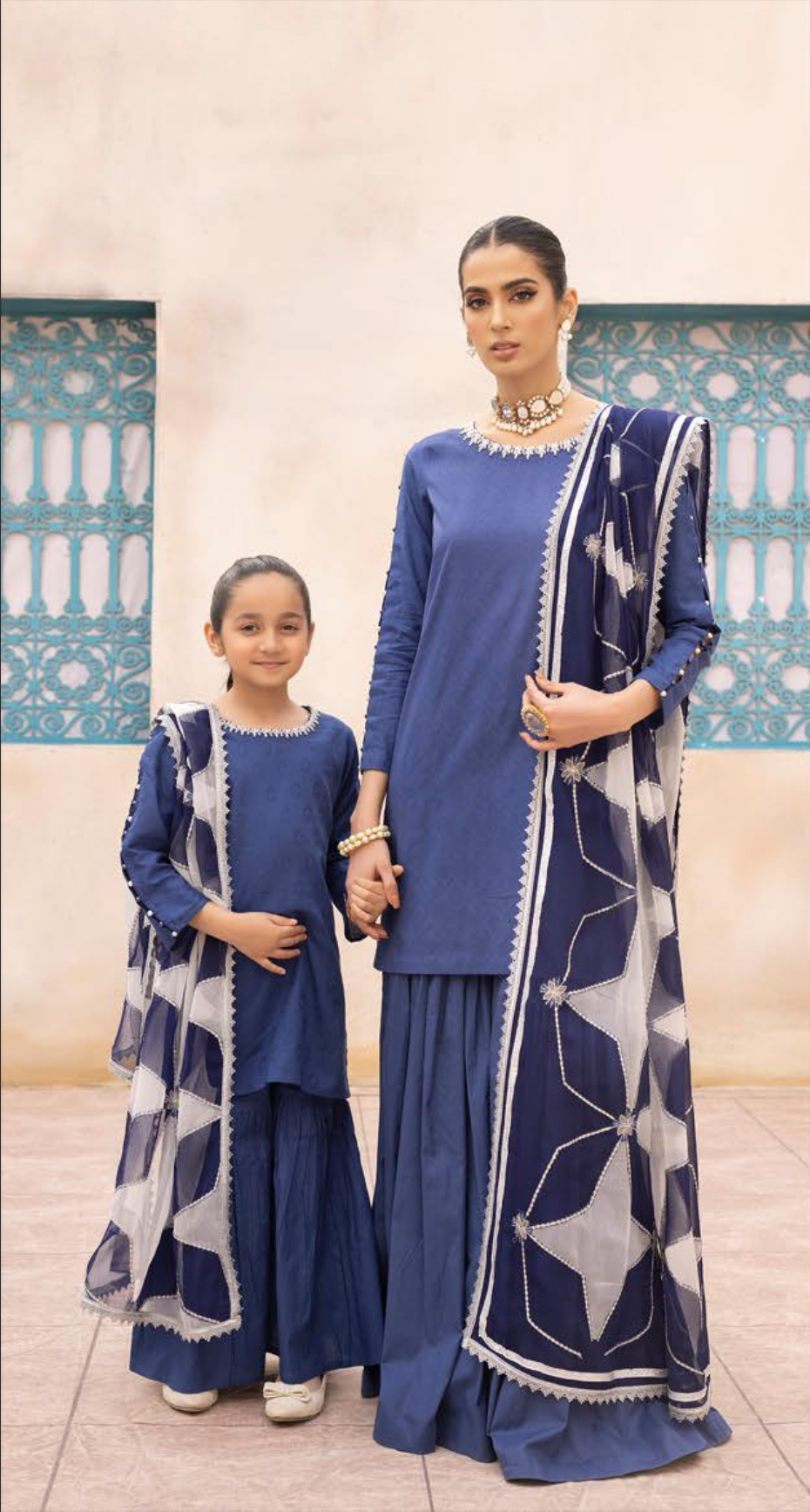 Blue Mummy & Me Jacquard Gharara Ladies Suit