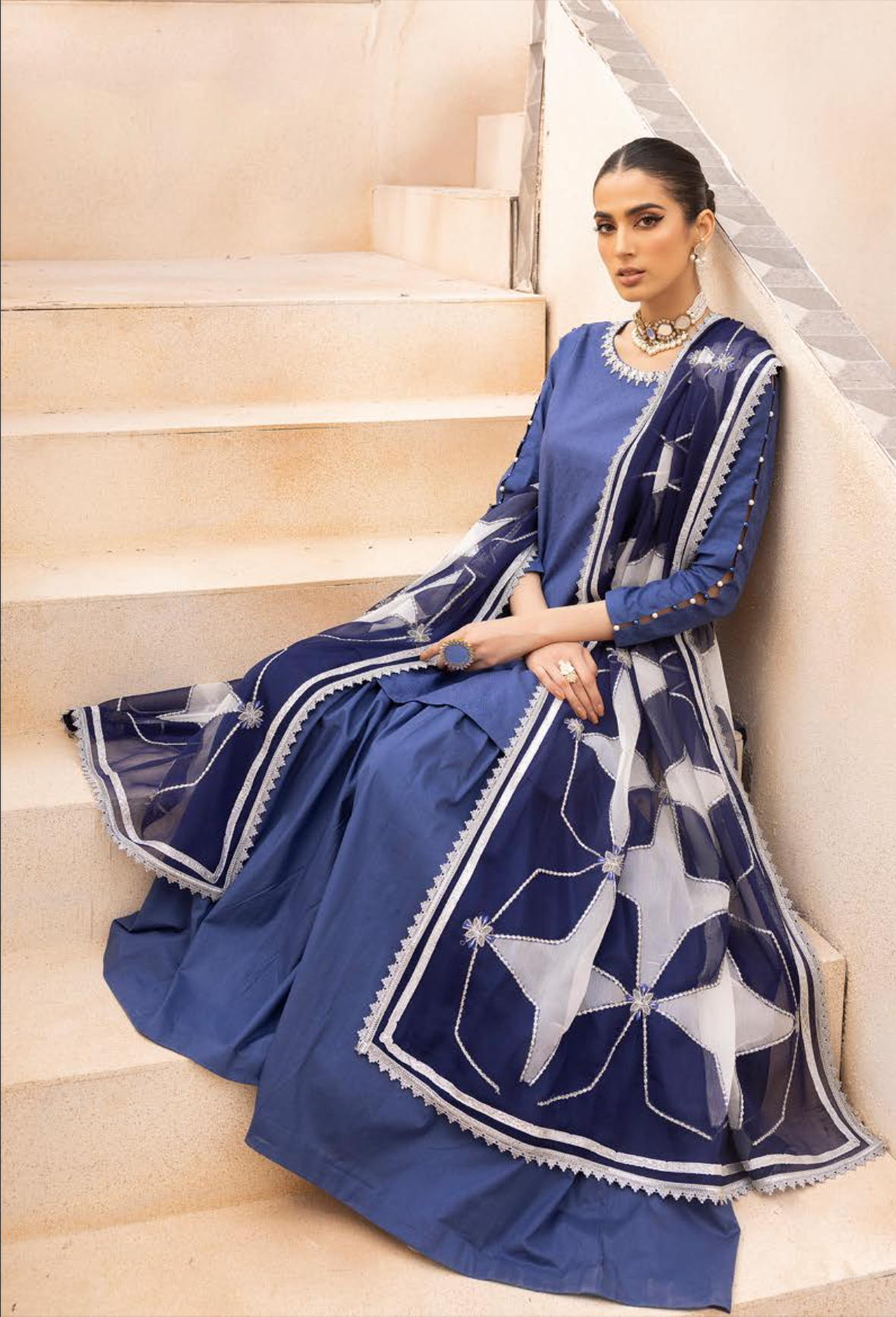 Blue Mummy & Me Jacquard Gharara Ladies Suit