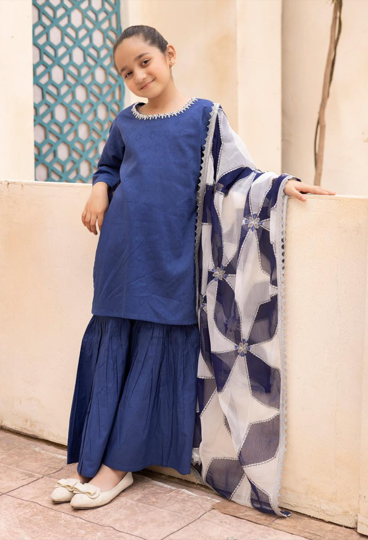 Blue Mummy & Me Jacquard Gharara Girls Suit
