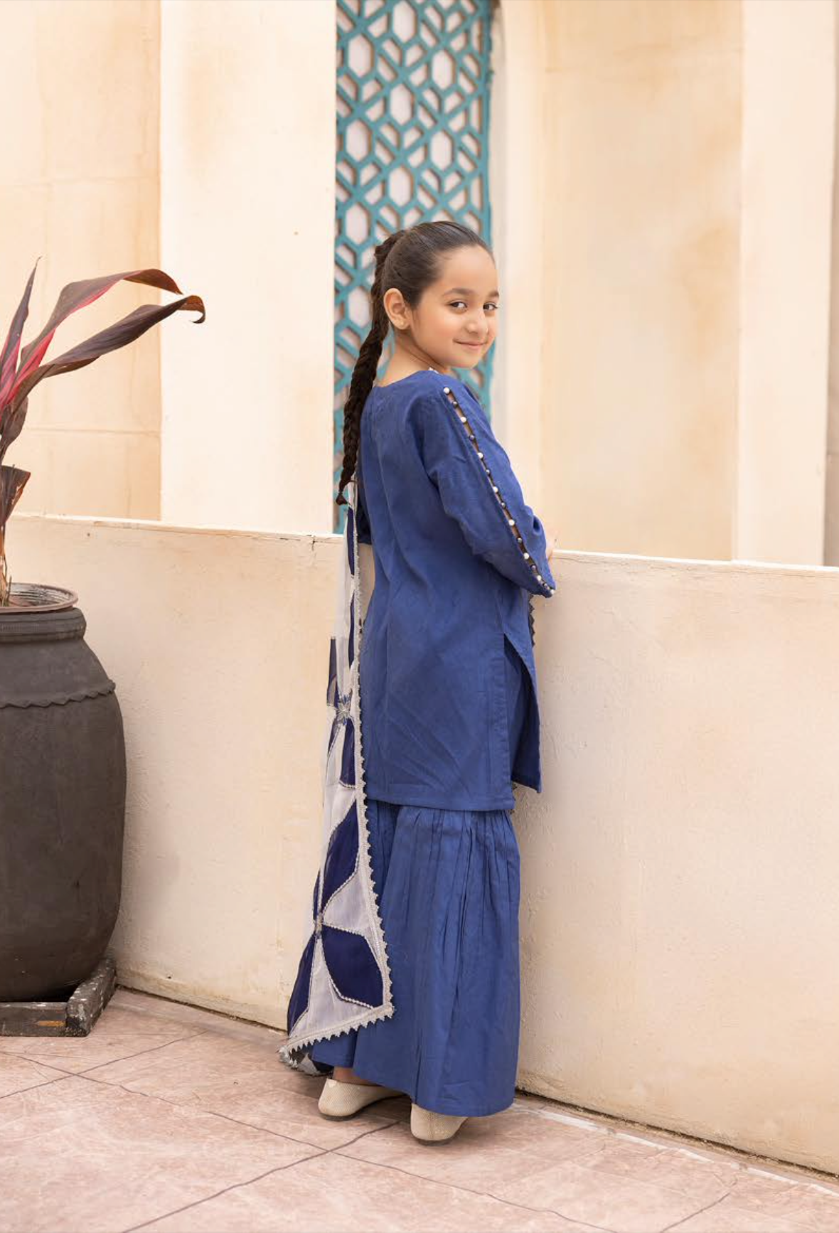 Blue Mummy & Me Jacquard Gharara Girls Suit