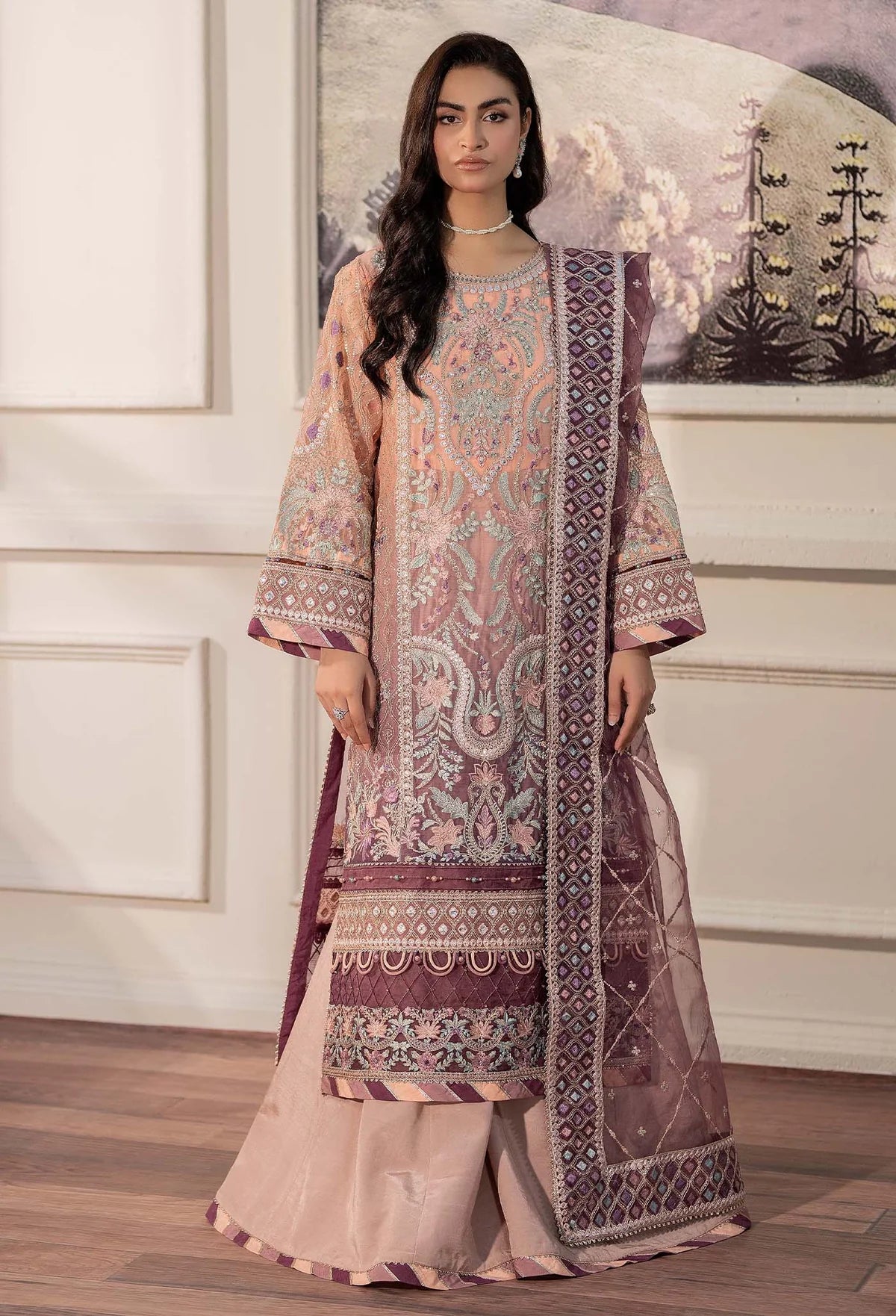 Peach Pink and Purple 'Essence' Adan's Libas Design Chiffon Ladies Suit
